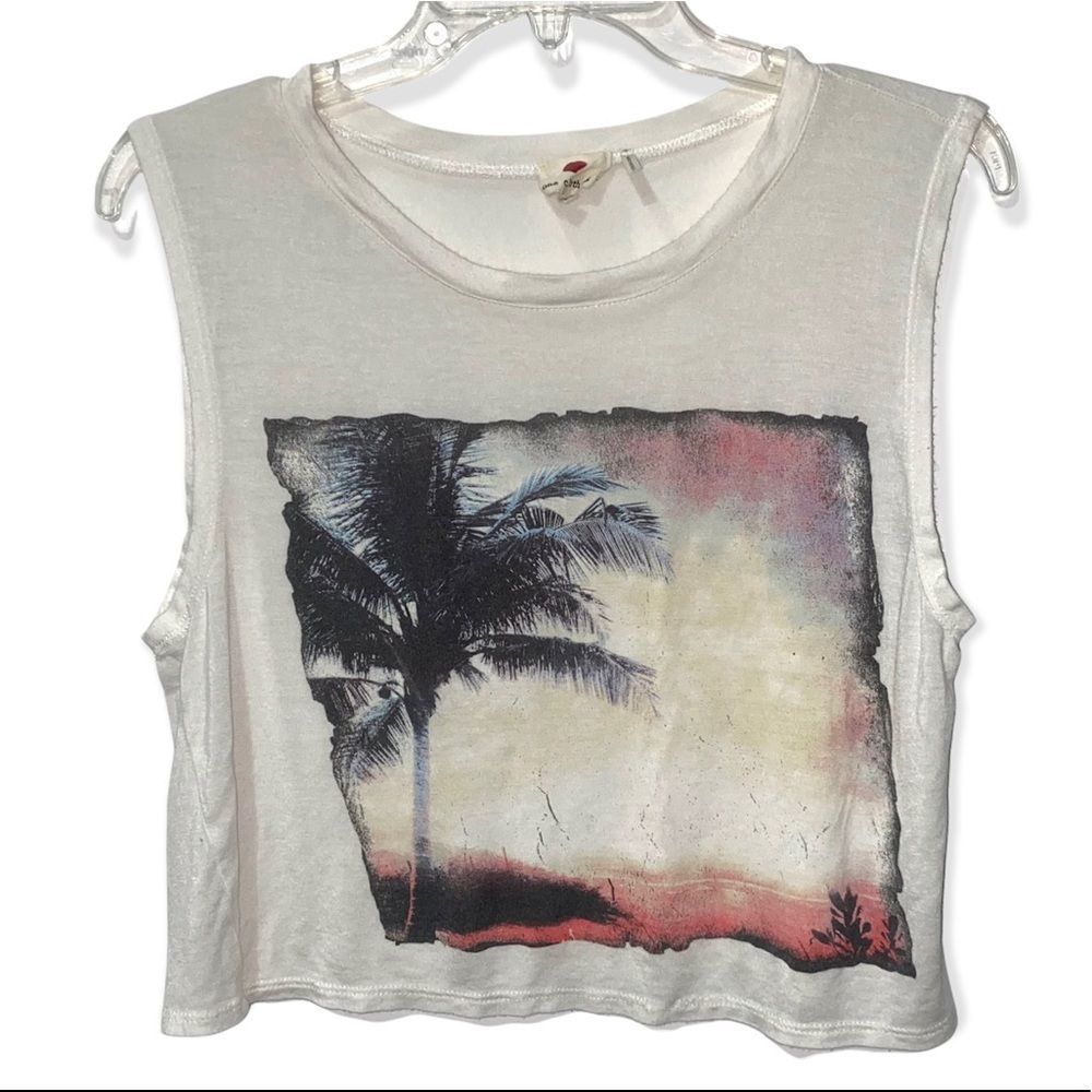 one clothing White Graphic Palm Tree Crop Tank with Sunset Accents